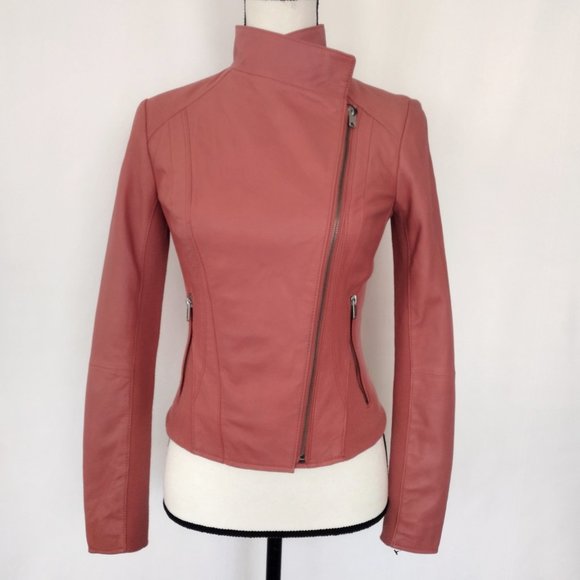Marc New York Coral Pink Felix Knit Panel Moto Leather Jacket - Picture 3 of 16